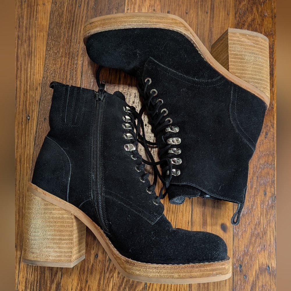 Jeffrey Campbell Black Suede Lace Up Boots with Wooden Heel